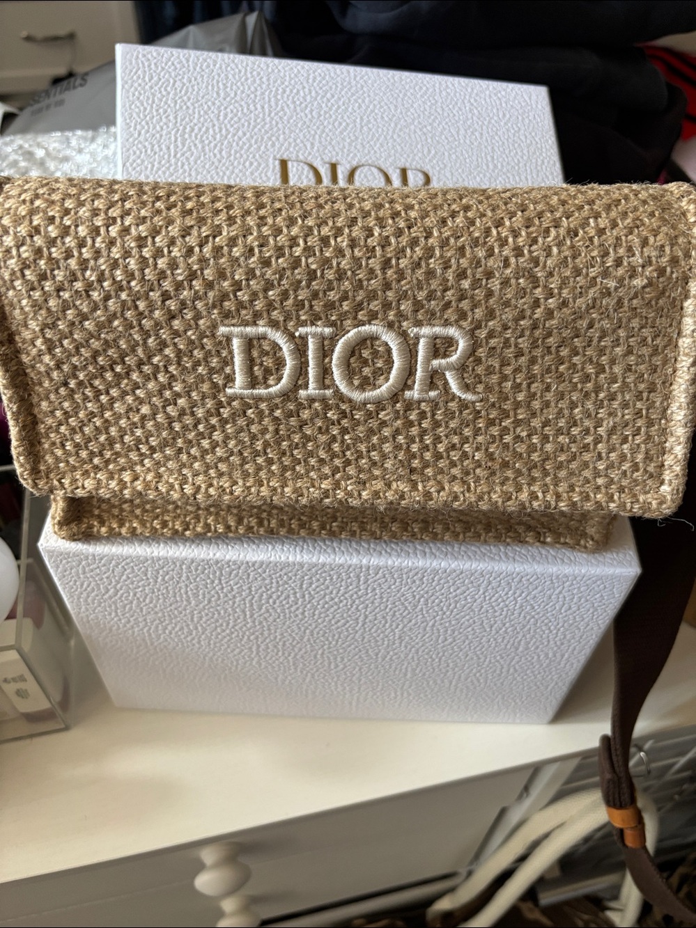 GWP—-Dior Natural Beige Woven Clutch with White Embroidered Logo